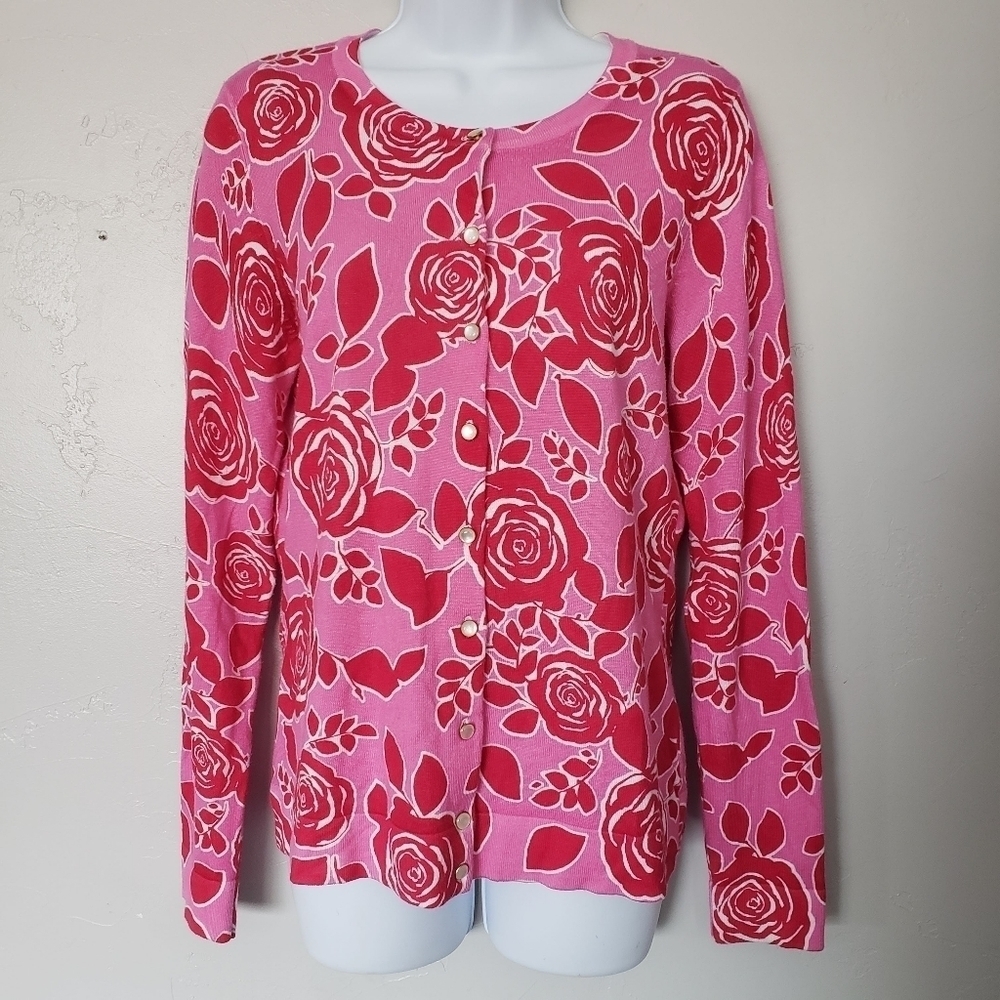 Charter Club Women's Medium Long Sleeve Cardigan Button Up Pink Red Roses Floral